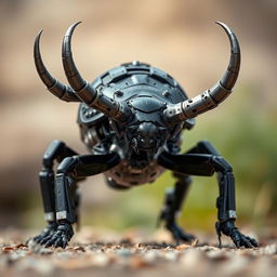 A striking rhino beetle characterized by its reinforced metallic horns, designed for power and durability, standing ready for action