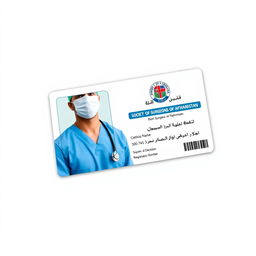 An excellent identity card design for a surgeon, showcasing the surgeon wearing surgical scrubs and a mask