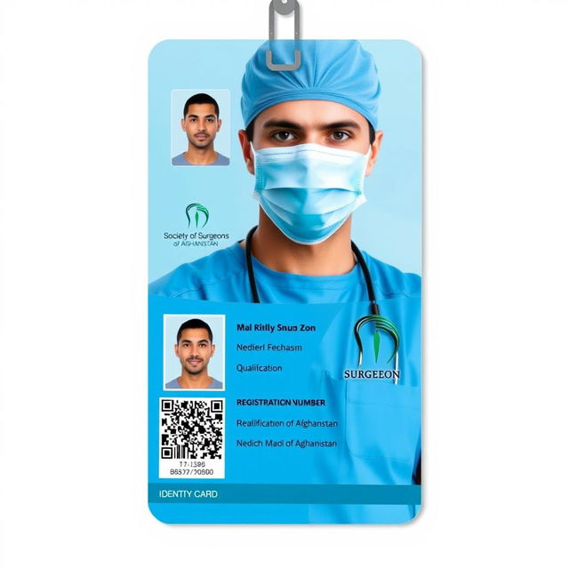 An excellent identity card design for a surgeon, showcasing the surgeon wearing surgical scrubs and a mask