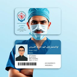 An excellent identity card design for a surgeon, showcasing the surgeon wearing surgical scrubs and a mask