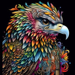 Eagle with vibrant, multi-coloured plumage playing a flute, styled in intricate Anime detailing