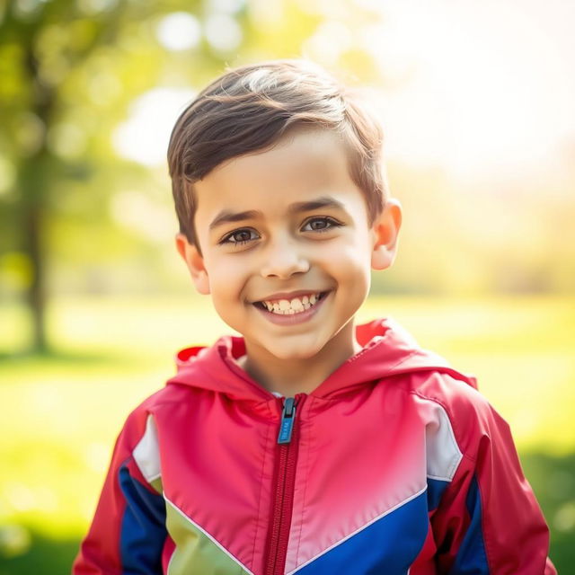 A focused image of a young boy wearing a vibrant red, blue, and white jacket