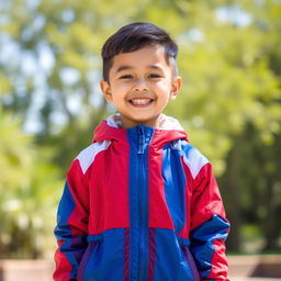 A focused image of a young boy wearing a vibrant red, blue, and white jacket