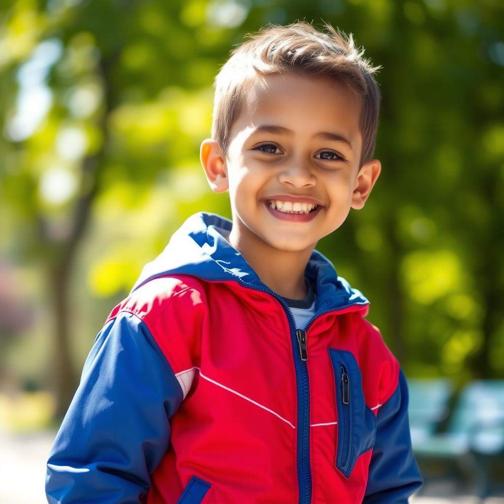 A focused image of a young boy wearing a vibrant red, blue, and white jacket