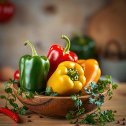 A vibrant and colorful still life scene featuring a variety of peppers including green, red, yellow, and orange