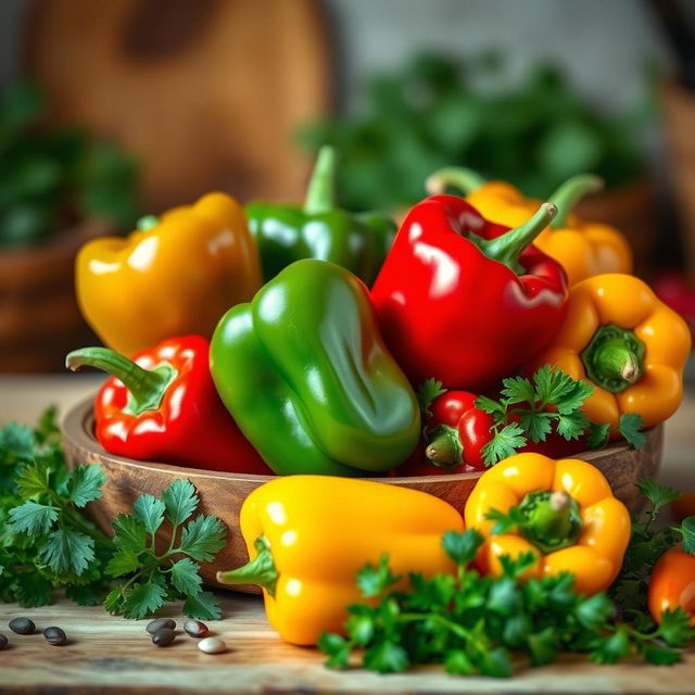 A vibrant and colorful still life scene featuring a variety of peppers including green, red, yellow, and orange