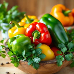 A vibrant and colorful still life scene featuring a variety of peppers including green, red, yellow, and orange