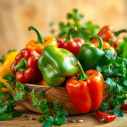 A vibrant and colorful still life scene featuring a variety of peppers including green, red, yellow, and orange