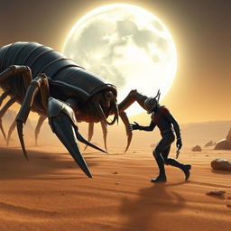 Ant-Man is captured in a dynamic moment as he shrinks to dodge the massive stinger of an enormous scorpion in a vast desert landscape