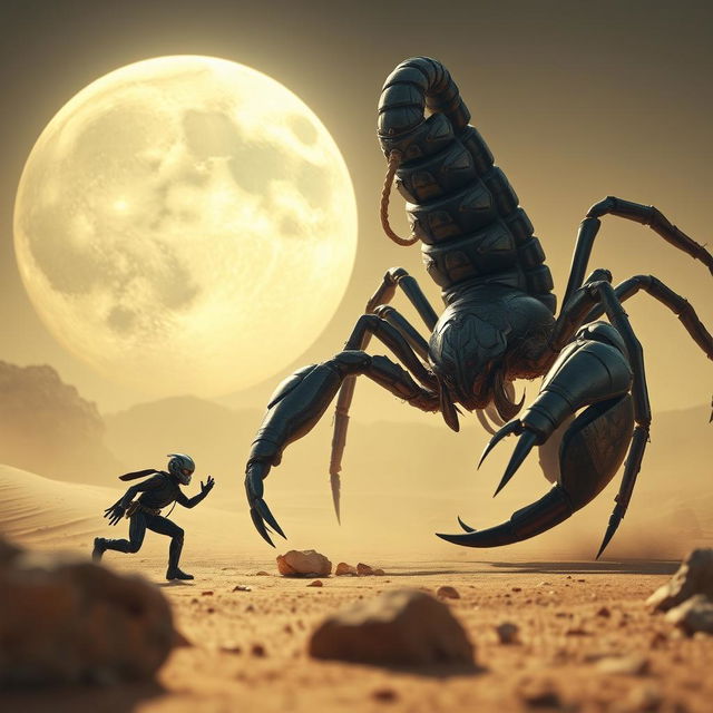 Ant-Man is captured in a dynamic moment as he shrinks to dodge the massive stinger of an enormous scorpion in a vast desert landscape