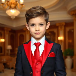 A stylish young boy wearing a sharp suit with a trendy red waistcoat and matching red tie