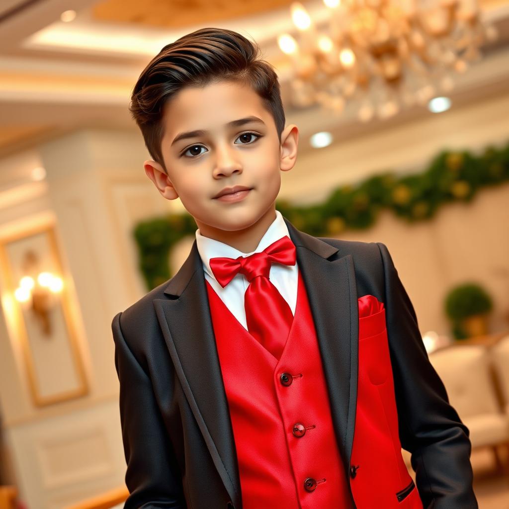 A stylish young boy wearing a sharp suit with a trendy red waistcoat and matching red tie