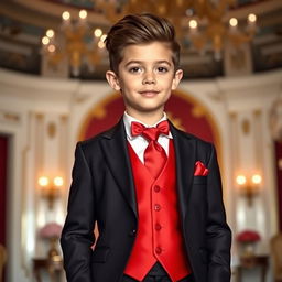 A stylish young boy wearing a sharp suit with a trendy red waistcoat and matching red tie