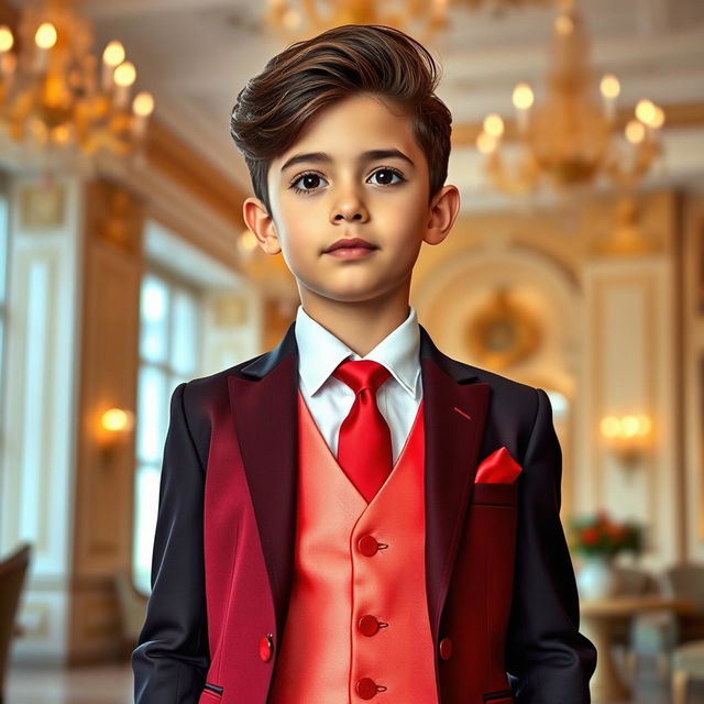 A stylish young boy wearing a sharp suit with a trendy red waistcoat and matching red tie