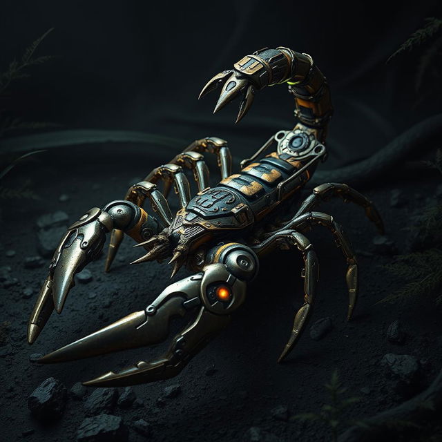 A fascinating bio-mechanical scorpion designed with detailed, intricate features that blend organic and mechanical elements