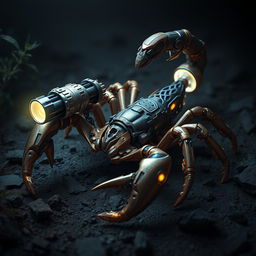 A fascinating bio-mechanical scorpion designed with detailed, intricate features that blend organic and mechanical elements