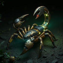 A fascinating bio-mechanical scorpion designed with detailed, intricate features that blend organic and mechanical elements