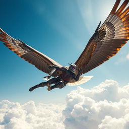 Ant-Man is depicted in the exhilarating moment of hitching a ride on the back of a majestic soaring eagle