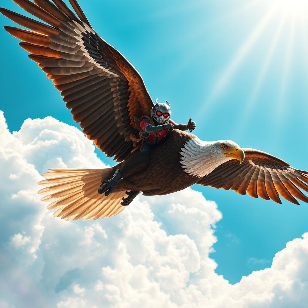 Ant-Man is depicted in the exhilarating moment of hitching a ride on the back of a majestic soaring eagle