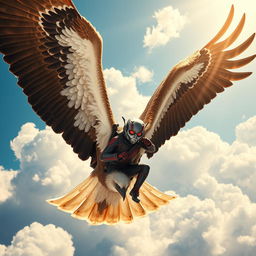 Ant-Man is depicted in the exhilarating moment of hitching a ride on the back of a majestic soaring eagle