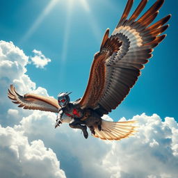 Ant-Man is depicted in the exhilarating moment of hitching a ride on the back of a majestic soaring eagle