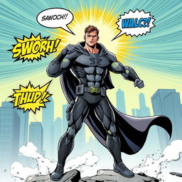 A vibrant, action-packed comic book scene featuring a heroic figure in a dynamic pose, showcasing muscular anatomy and a confident expression