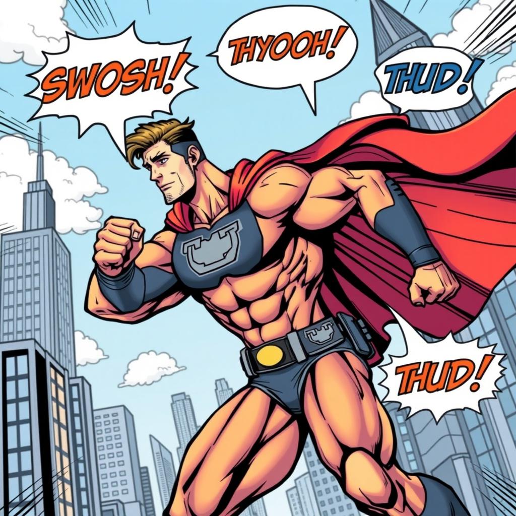 A vibrant, action-packed comic book scene featuring a heroic figure in a dynamic pose, showcasing muscular anatomy and a confident expression