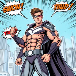 A vibrant, action-packed comic book scene featuring a heroic figure in a dynamic pose, showcasing muscular anatomy and a confident expression