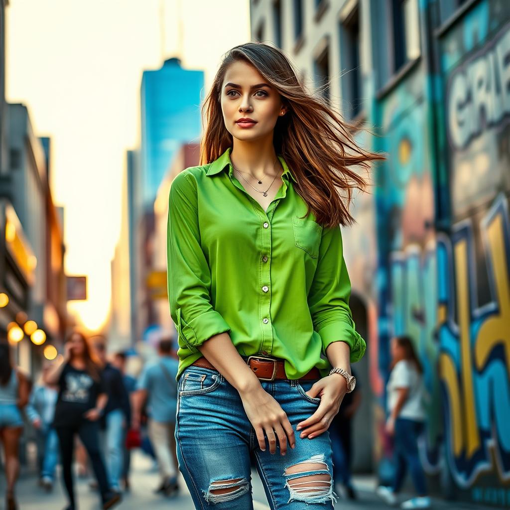 A stylish young woman standing confidently in a beautifully detailed urban setting, wearing a vibrant green shirt with rolled-up sleeves, paired with stylish jeans and chic accessories