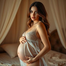 A beautiful pregnant woman wearing elegant transparent lingerie, showcasing her curves with a soft, glowing light