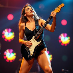 A woman passionately playing an electric guitar, wearing a black swimsuit