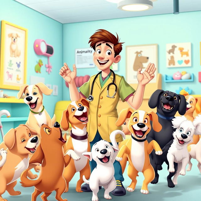 An energetic animated scene featuring a cheerful doctor wearing a vibrant medical uniform, surrounded by a joyful pack of various dog breeds including Golden Retrievers, Beagles, and Poodles