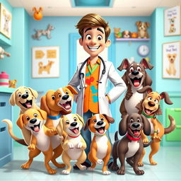 An energetic animated scene featuring a cheerful doctor wearing a vibrant medical uniform, surrounded by a joyful pack of various dog breeds including Golden Retrievers, Beagles, and Poodles