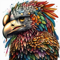 Eagle with vibrant, multi-coloured plumage playing a flute, styled in intricate Anime detailing