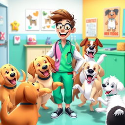 An energetic animated scene featuring a cheerful doctor wearing a vibrant medical uniform, surrounded by a joyful pack of various dog breeds including Golden Retrievers, Beagles, and Poodles