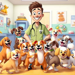 An energetic animated scene featuring a cheerful doctor wearing a vibrant medical uniform, surrounded by a joyful pack of various dog breeds including Golden Retrievers, Beagles, and Poodles