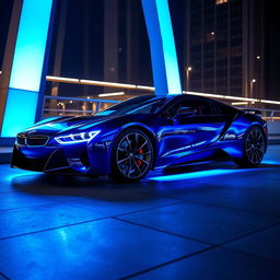 A stunning car illuminated with a captivating blue lighting design