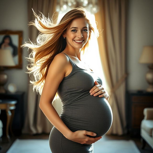 A beautiful pregnant woman with flowing hair, highlighted in soft, natural lighting, standing gracefully and confidently in an elegant room