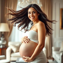 A beautiful pregnant woman with flowing hair, highlighted in soft, natural lighting, standing gracefully and confidently in an elegant room