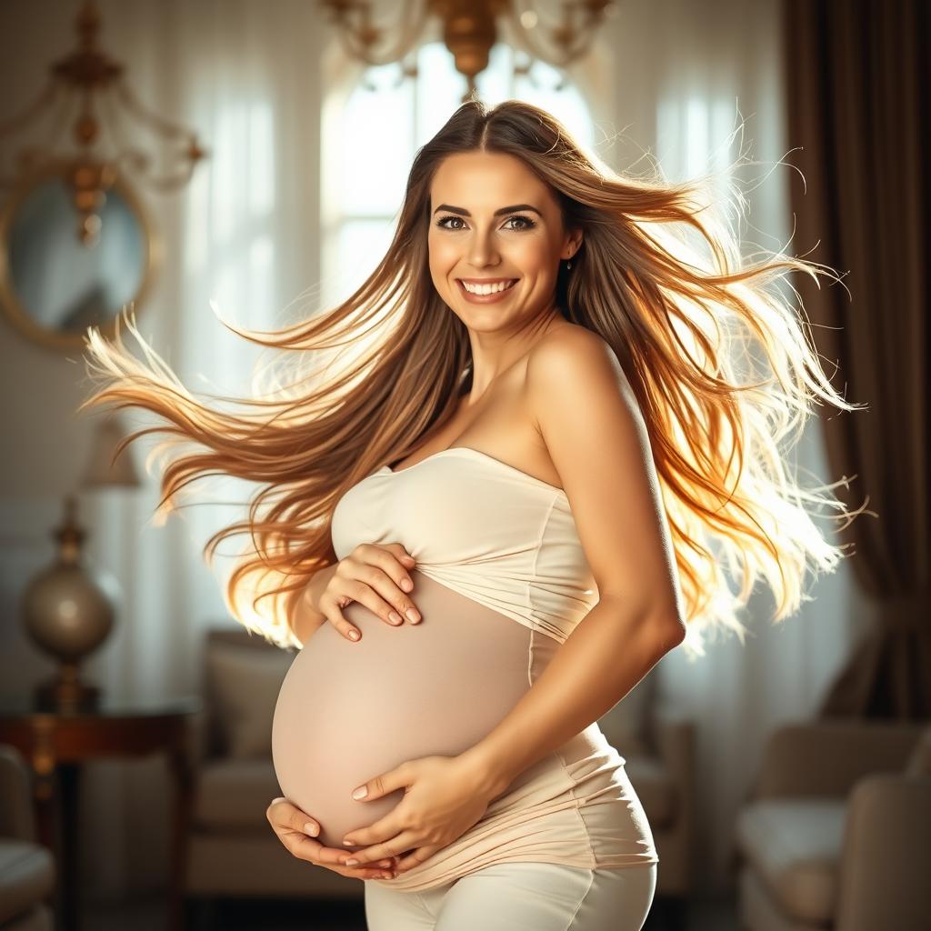 A beautiful pregnant woman with flowing hair, highlighted in soft, natural lighting, standing gracefully and confidently in an elegant room