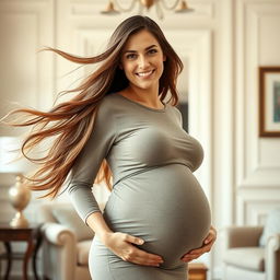 A beautiful pregnant woman with flowing hair, highlighted in soft, natural lighting, standing gracefully and confidently in an elegant room