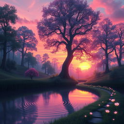 A surreal landscape featuring a mystical forest with towering trees that have luminescent leaves, casting colorful shadows on the forest floor