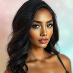 A captivating portrait of a woman with striking black hair, styled elegantly in soft waves cascading down her shoulders