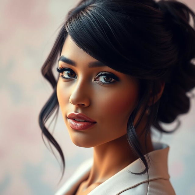 A captivating portrait of a woman with striking black hair, styled elegantly in soft waves cascading down her shoulders