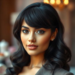 A captivating portrait of a woman with striking black hair, styled elegantly in soft waves cascading down her shoulders