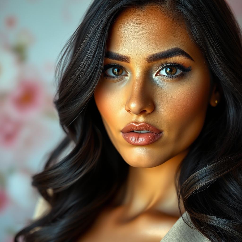 A captivating portrait of a woman with striking black hair, styled elegantly in soft waves cascading down her shoulders