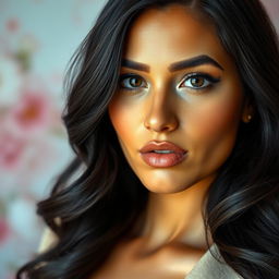 A captivating portrait of a woman with striking black hair, styled elegantly in soft waves cascading down her shoulders