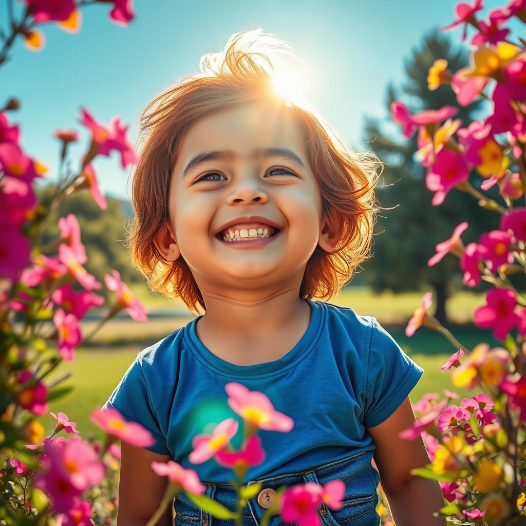 Um retrato vibrante e expressivo de uma criança autista sorrindo em um ambiente natural, cercada por flores coloridas