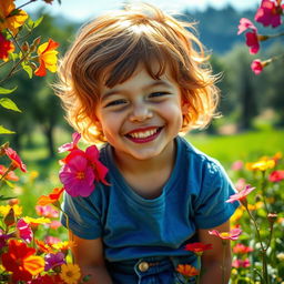 Um retrato vibrante e expressivo de uma criança autista sorrindo em um ambiente natural, cercada por flores coloridas