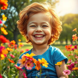 Um retrato vibrante e expressivo de uma criança autista sorrindo em um ambiente natural, cercada por flores coloridas